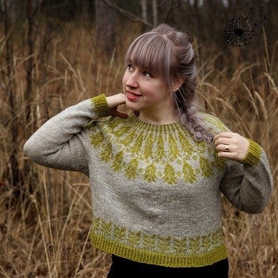 Grain Sweater has exquisite colour work pattern around the yoke and the hem.